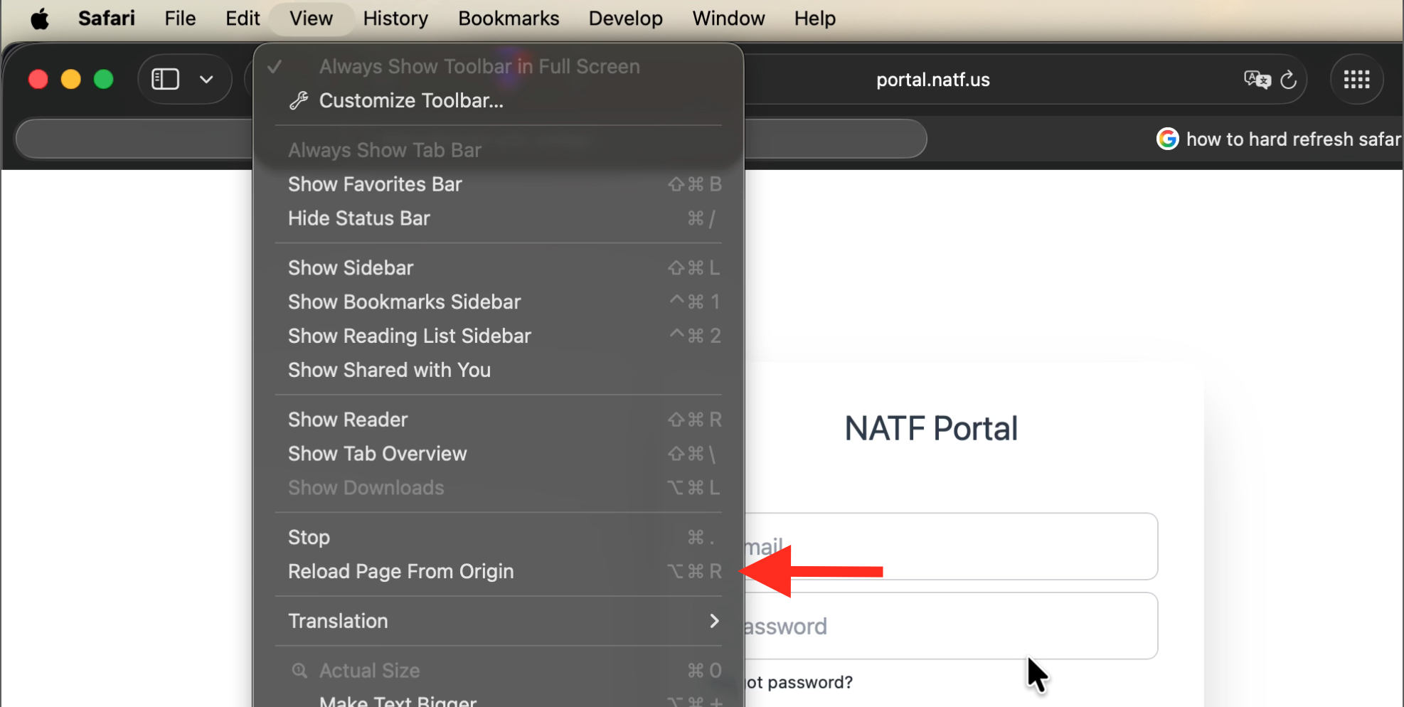 Safari hard refresh menu